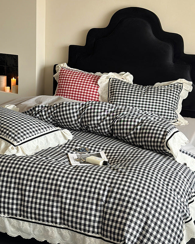 Hazel Vintage Gingham Ruffle Bedding Set - Black