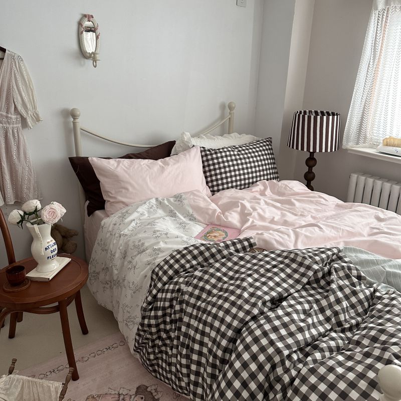 Emi Patchwork Gingham Bedding Set - Soft Mocha Pink