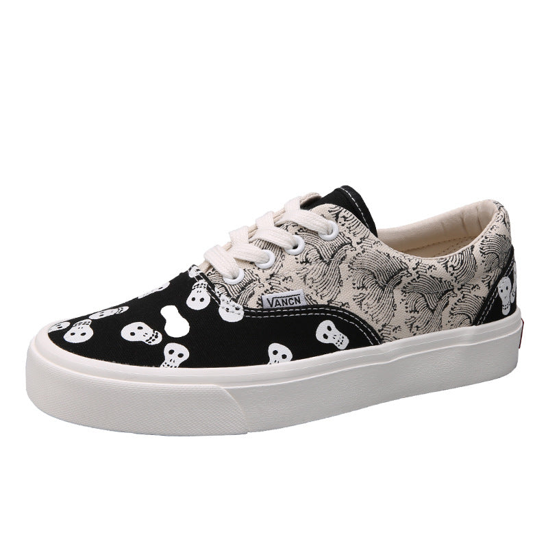 Women's & Men's Skateboard Skull Vintage Print Classic Canvas Shoes