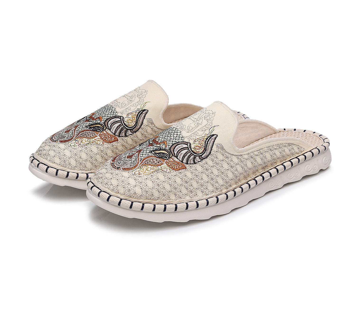 Men's Chinese Style Embroidered Injection Soft Bottom Breathable Flip Flops