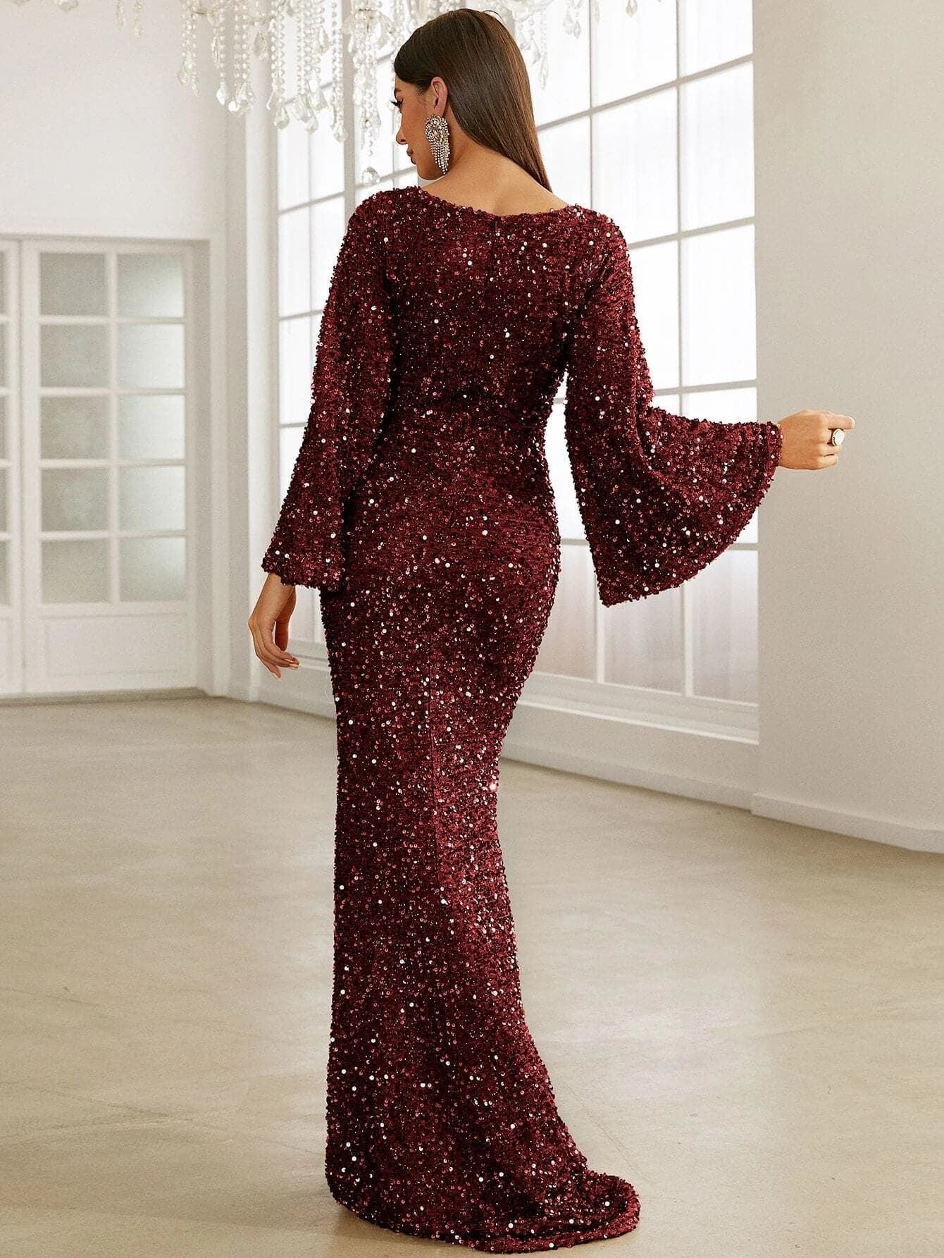 Sequined Long Sleeve Deep V Neck Elegant Slim Fit Evening Dress