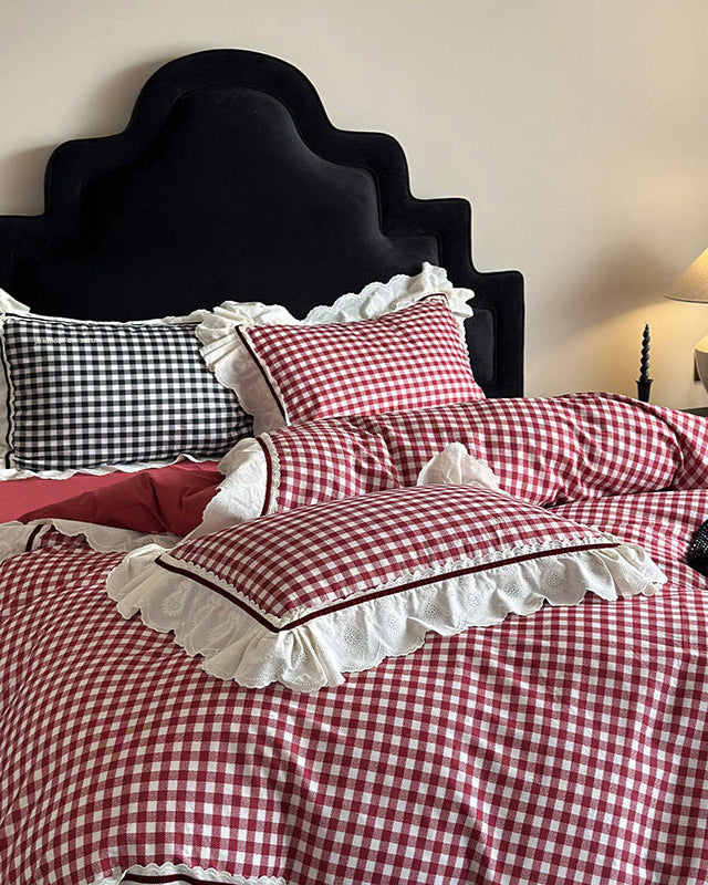 Hazel Vintage Gingham Ruffle Bedding Set - Black