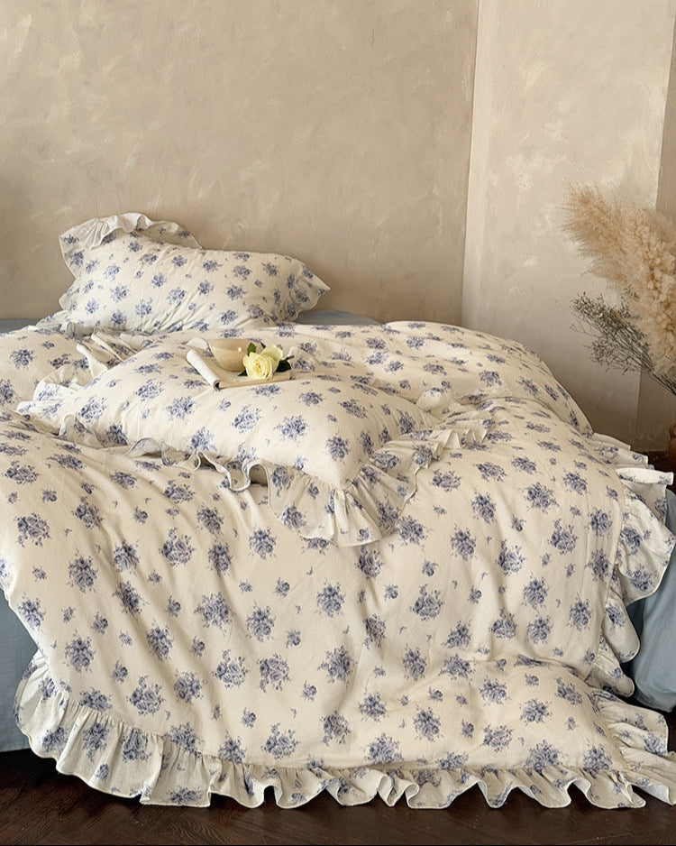 French Blue Floral Ruffled Bedding Set
