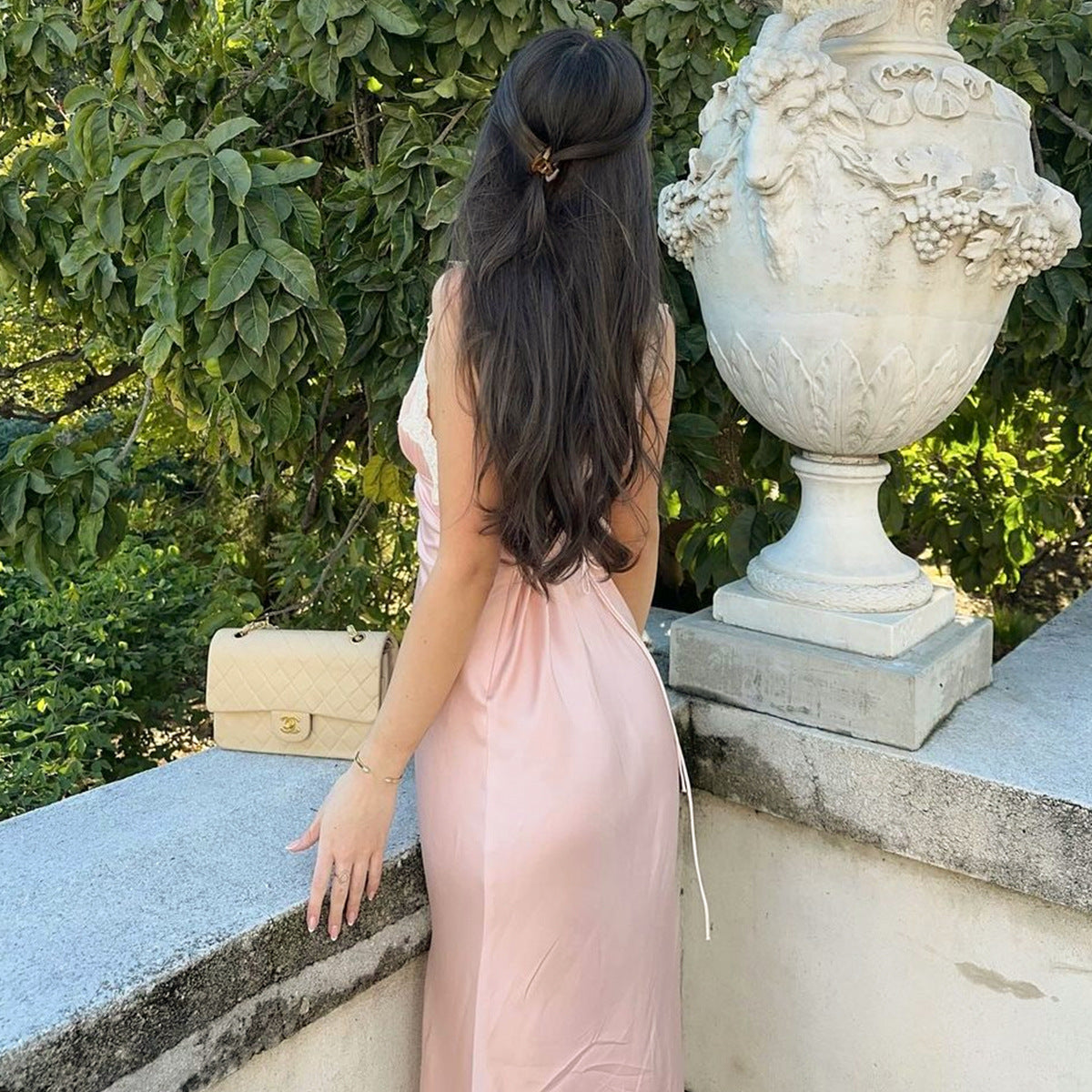 Lace-Paneled Pink Waist Satin Midi Dress
