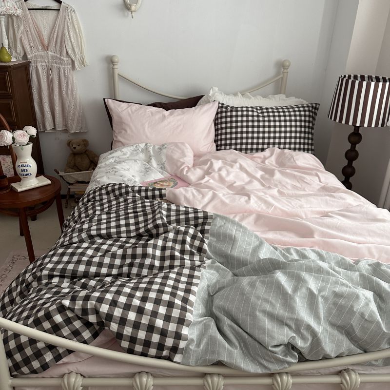 Emi Patchwork Gingham Bedding Set - Soft Mocha Pink