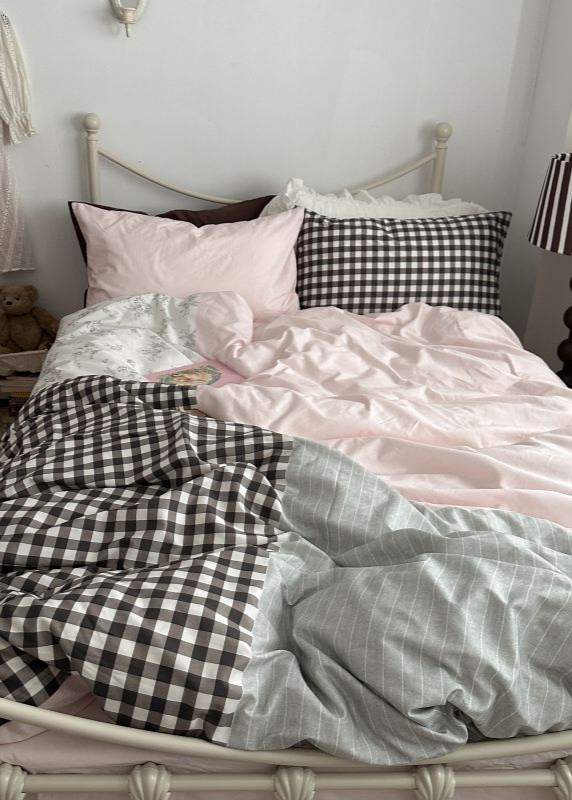 Emi Patchwork Gingham Bedding Set - Soft Mocha Pink
