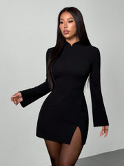 High Neck Long Sleeve Backless Mini Bodycon Dress HI1299