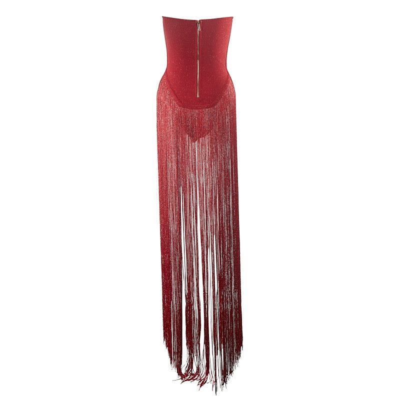 Strapless Fringe Red Dress