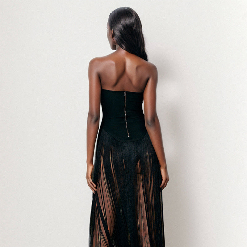 Strapless Fringe Black Dress