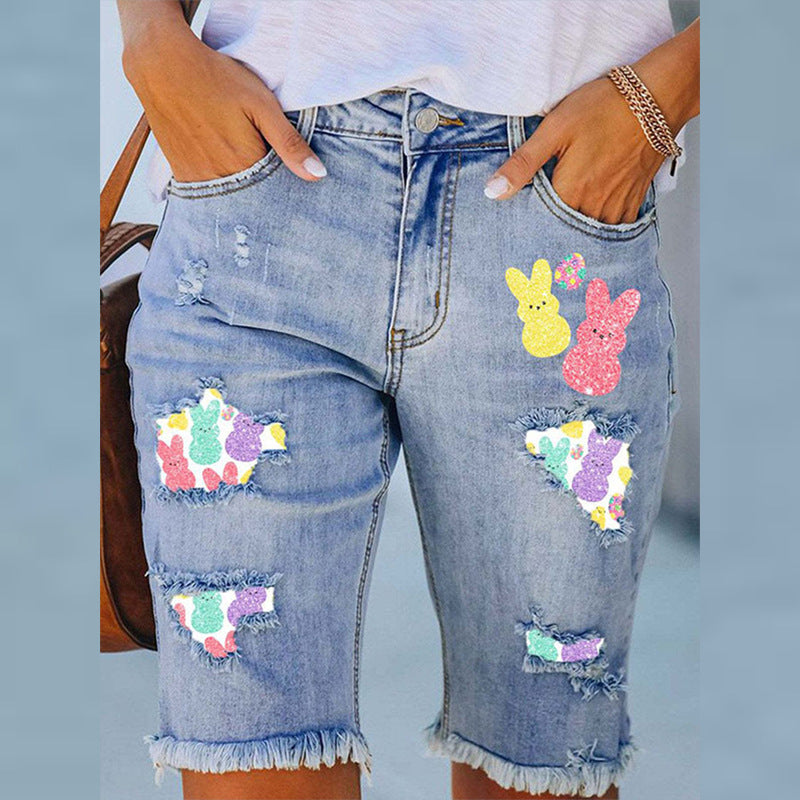 Shorts vaqueros de cintura alta con patchwork de crochet