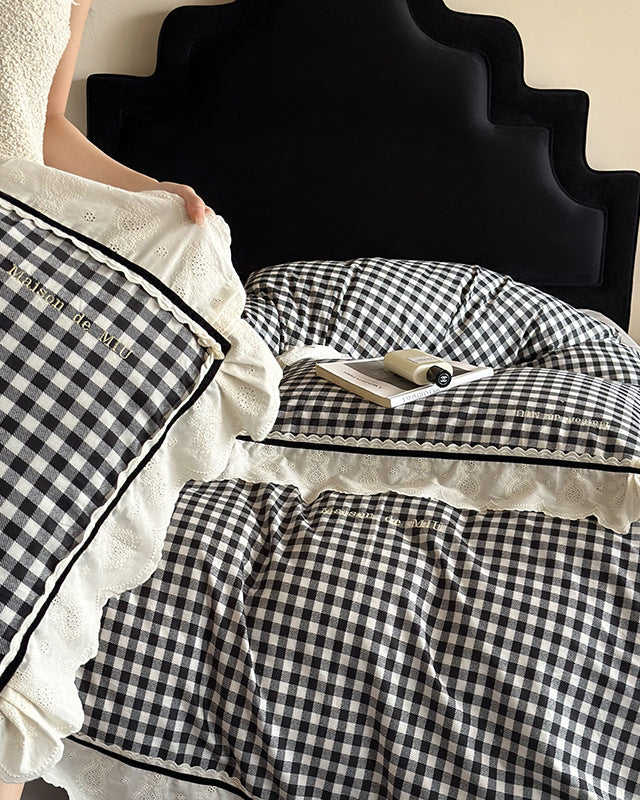 Hazel Vintage Gingham Ruffle Bedding Set - Black