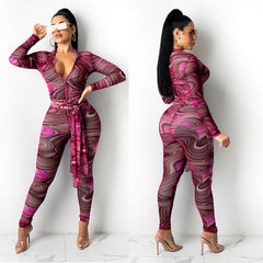 Printed Cutout Backless Tie-up Long-sleeve Jumpsuit