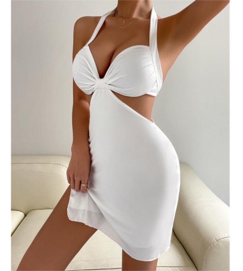 Summer neck hanging solid sexy backless dress