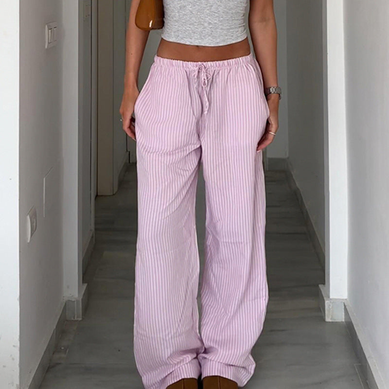 Loose striped contrast casual lace-up straight-leg trousers