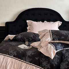 Jacquard Gilded Velvet Ruffled Bedding Set - Black