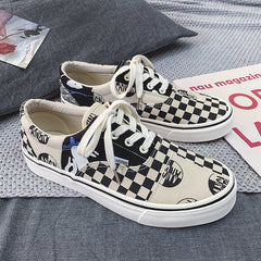 Women's & Men's Spring Black And White Plaid Chessboard Canvas Shoes
