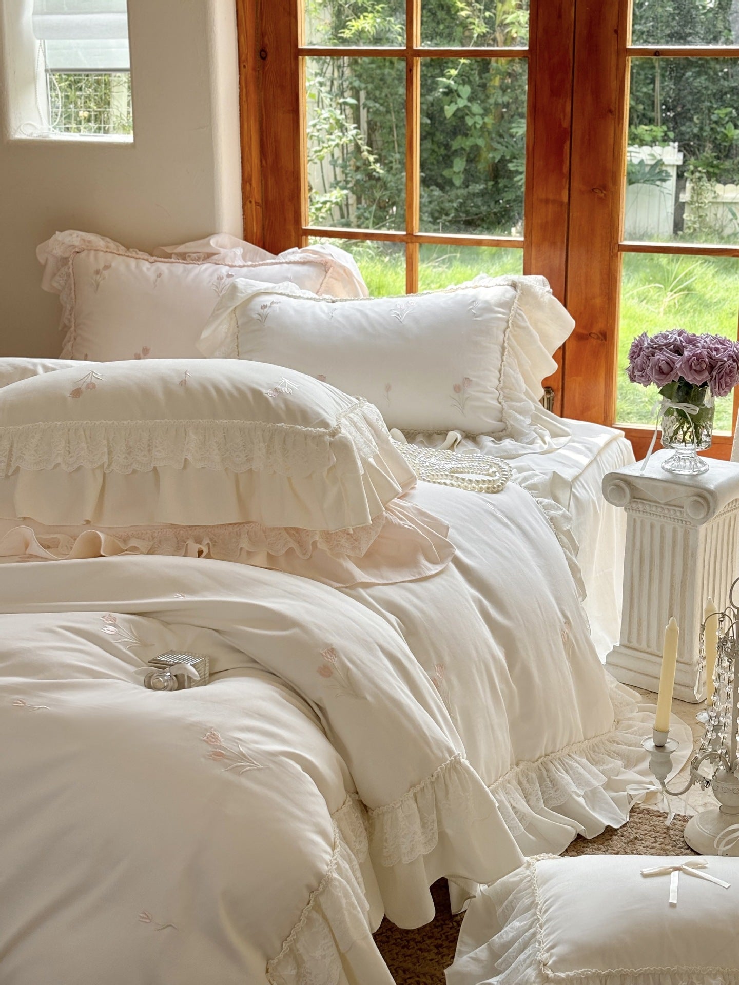 Chiffon Lace Princess Bedding Set - French White