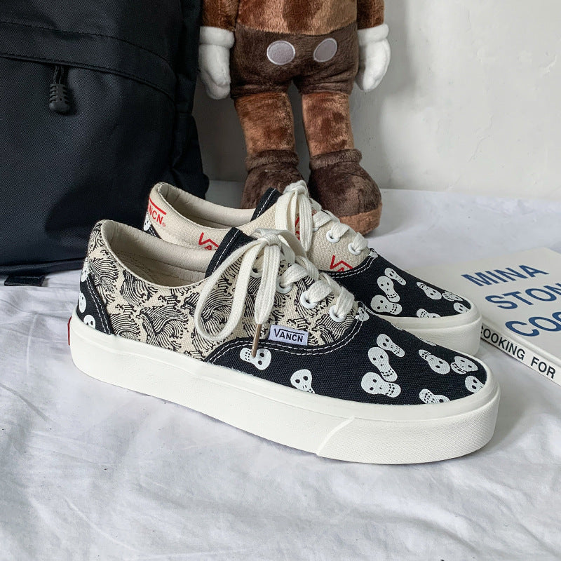 Women's & Men's Skateboard Skull Vintage Print Classic Canvas Shoes