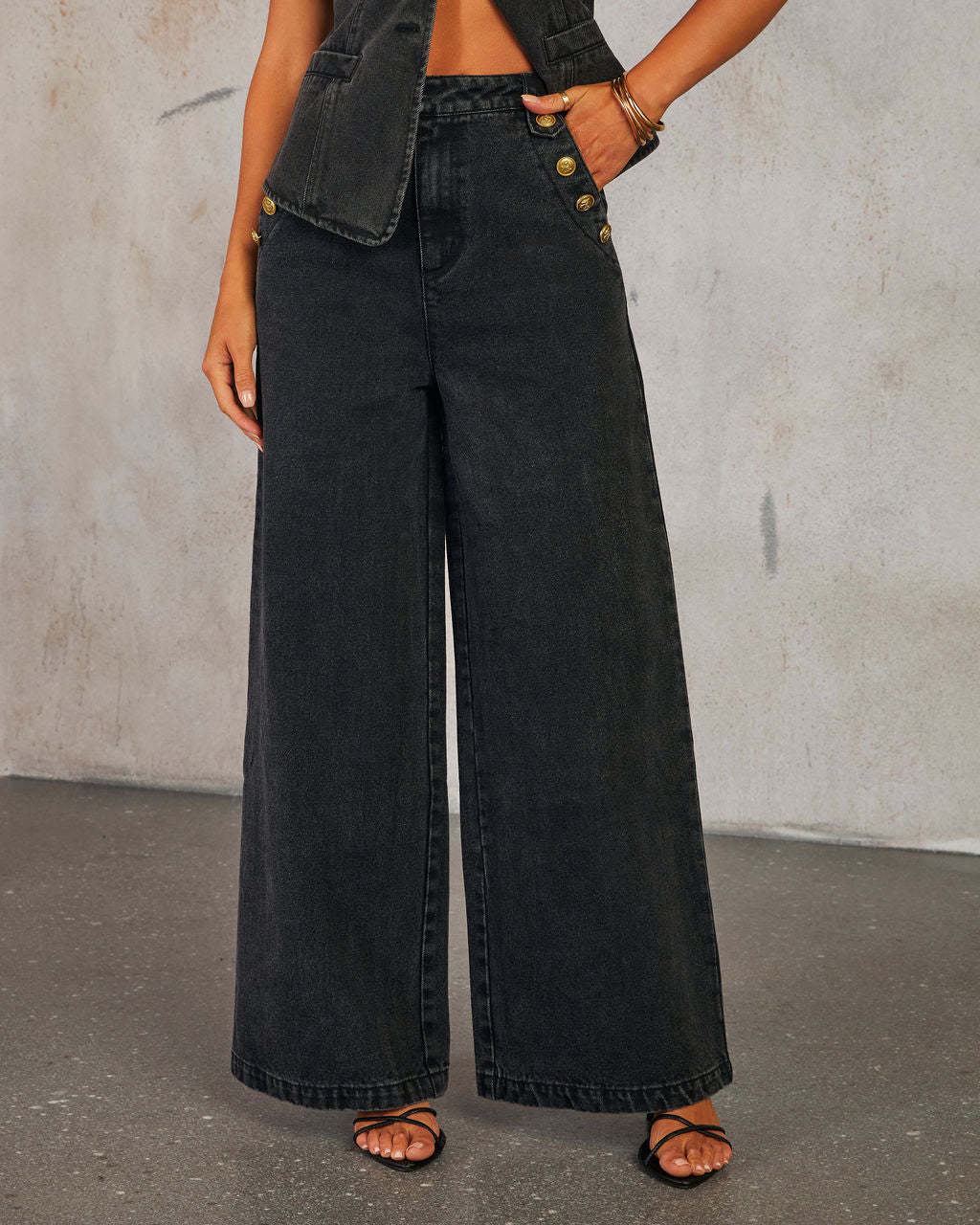 Button Sleeveless Vest Wide-Leg Jeans Set