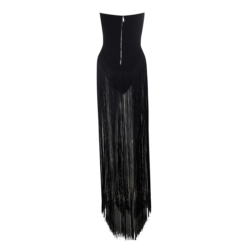 Strapless Fringe Black Dress