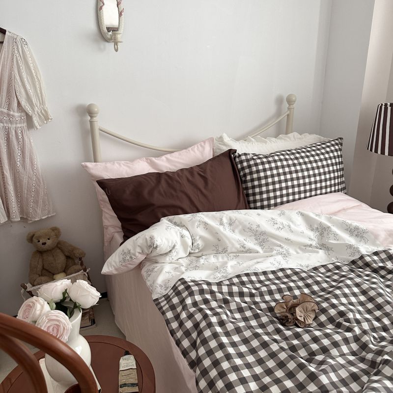 Emi Patchwork Gingham Bedding Set - Soft Mocha Pink