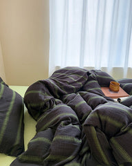Vintage Striped Washed Cotton Bedding Set - Black & Green