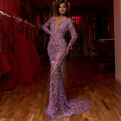 Elegant Sequined Long Sleeve Deep V Evening Dress