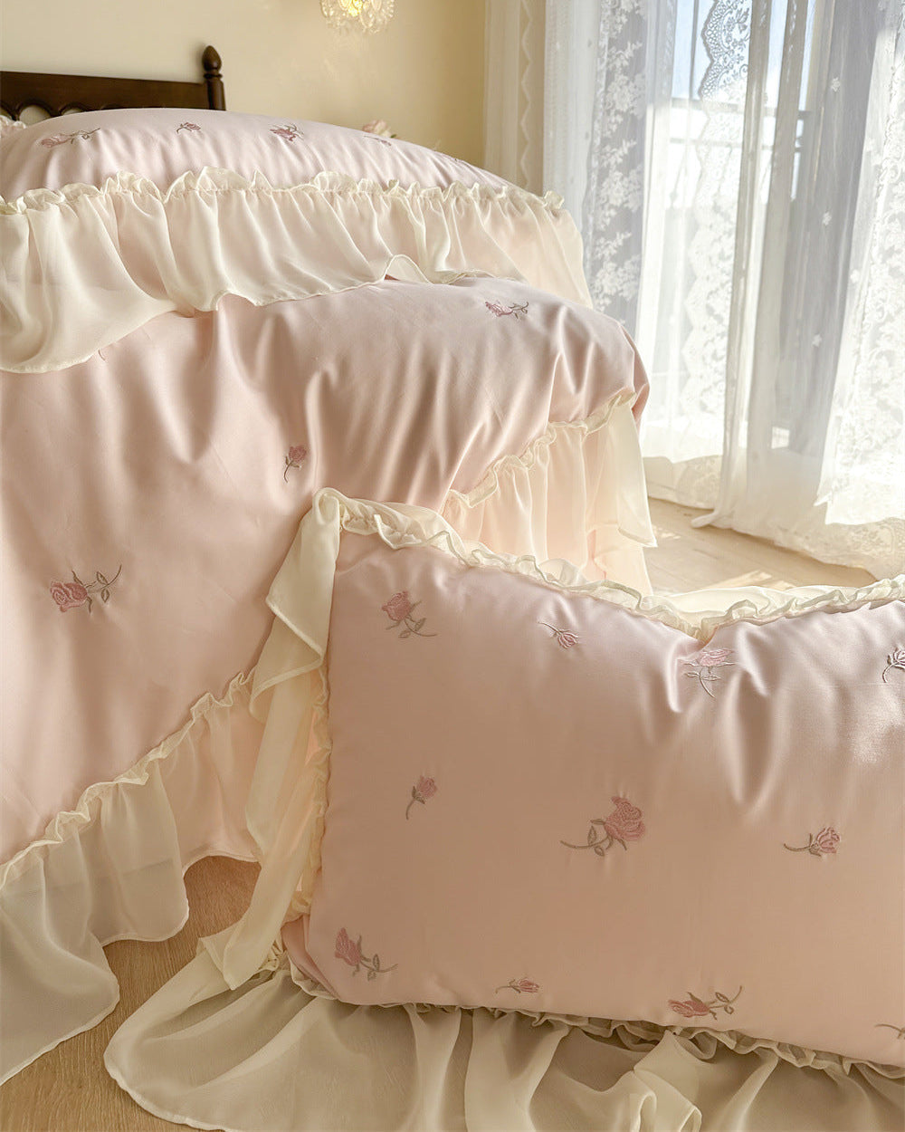 Rosalie Embroidered Cotton Ruffle Bedding Set - Pink Blush