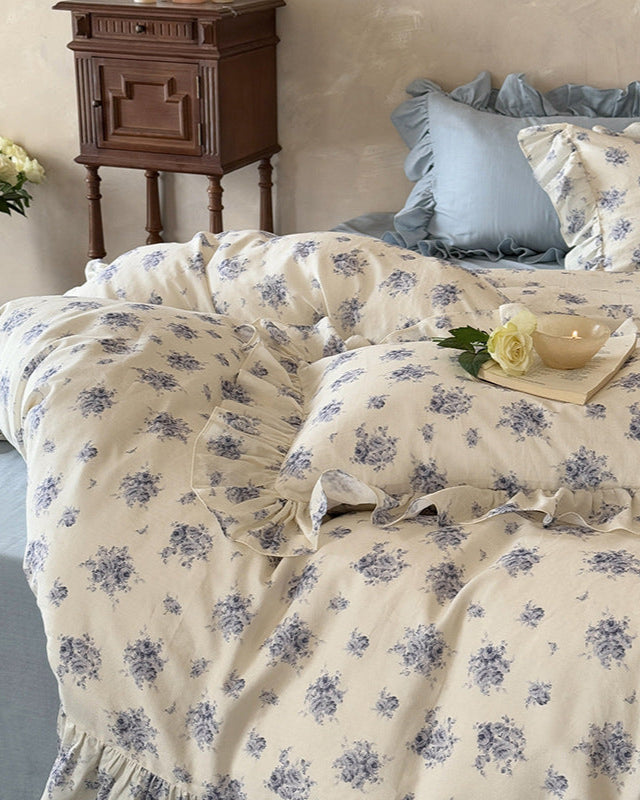 French Blue Floral Ruffled Bedding Set