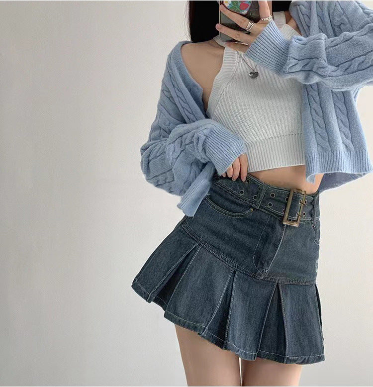 Slim Denim Short Pleated Skirt