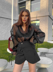 Lapel Puff Sleeve Commuter Shirt