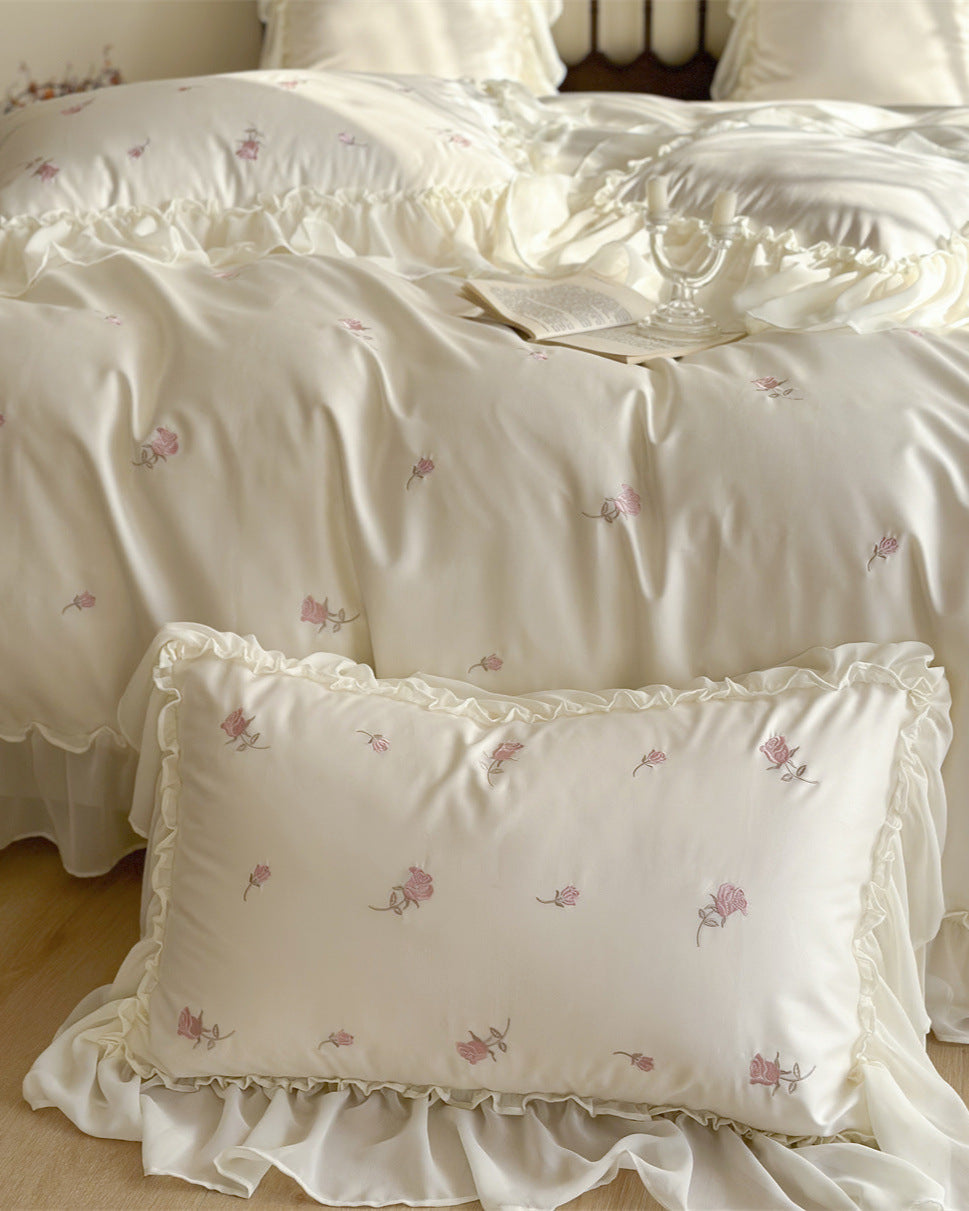 Rosalie Embroidered Cotton Ruffle Bedding Set - Pink Blush