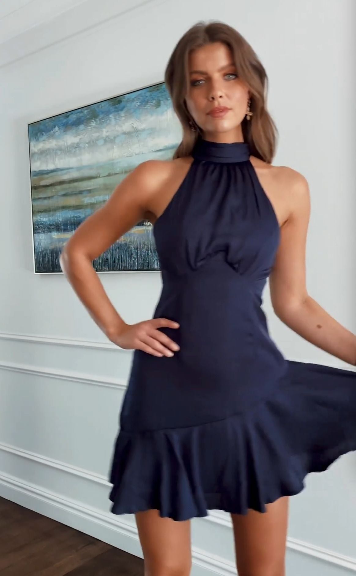 Sleeveless Crew Neck Mini Dress With Hip Ruffles