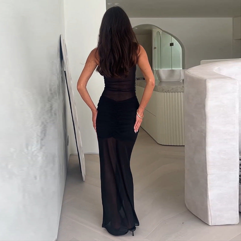 Sleeveless Mesh Fishtail Hip Maxi Dress