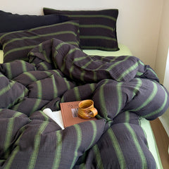Vintage Striped Washed Cotton Bedding Set - Black & Green