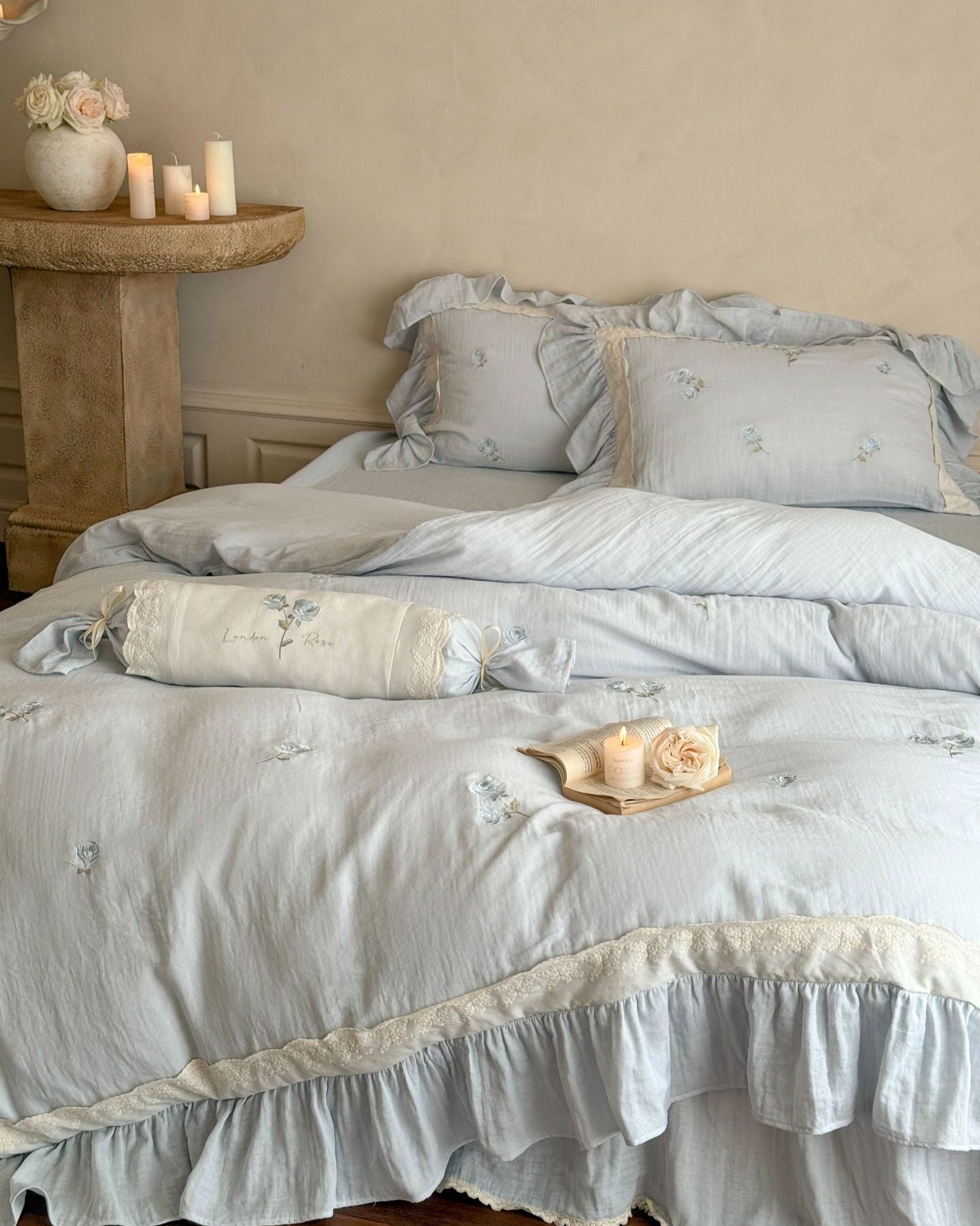 Beatrice Rose Lace Ruffle Bedding Set - Blue