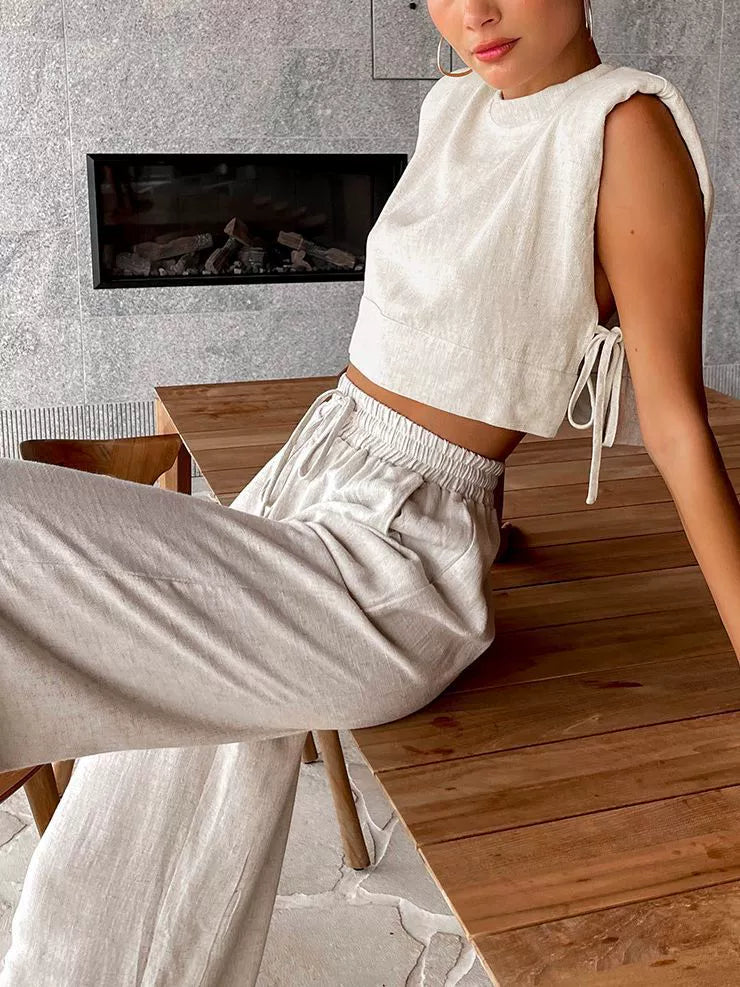 Shoulder Pad Sleeveless Top And Trousers (Two Pieces)