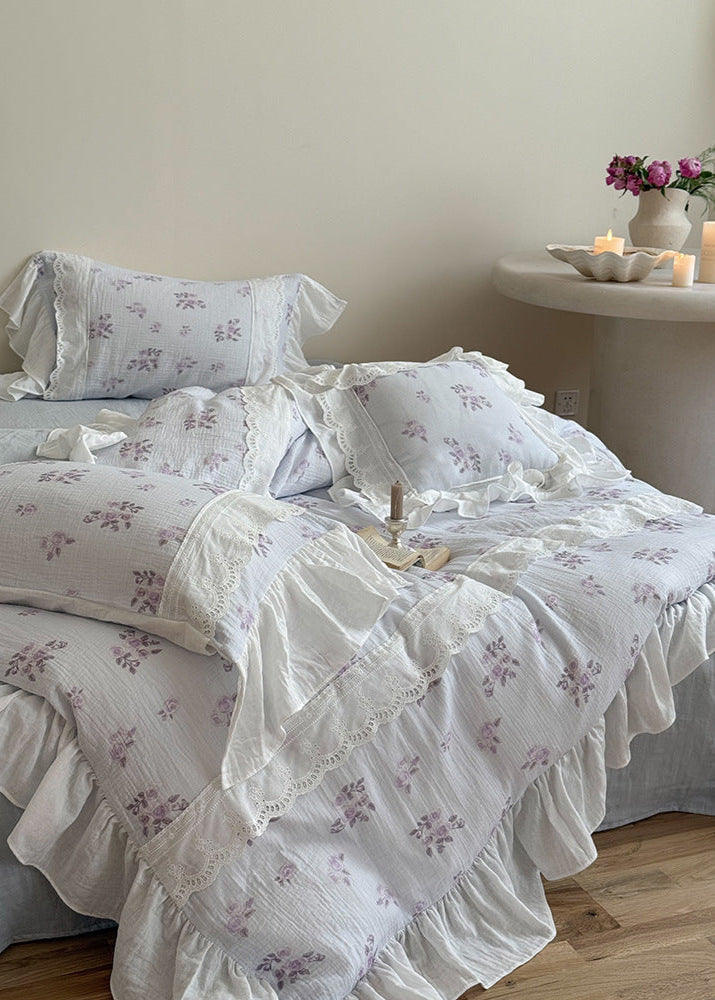 Odette French Floral Lace Ruffle Bedding Set - Blue