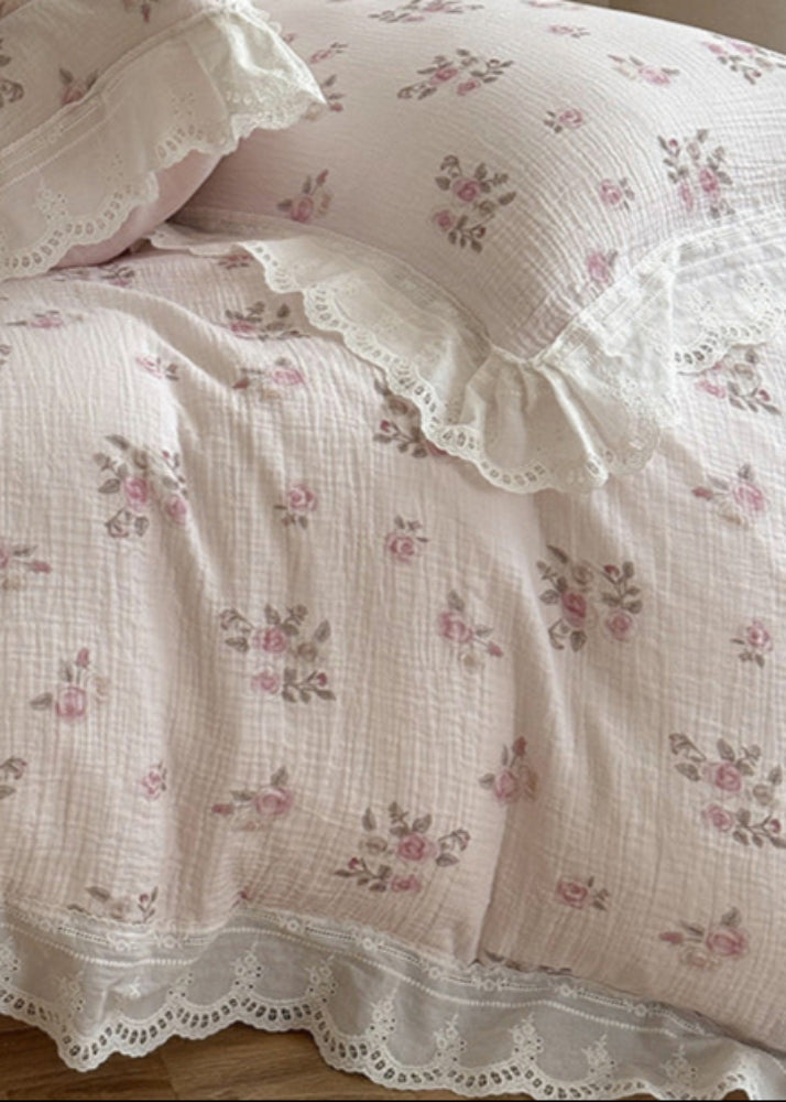 Odette French Floral Lace Ruffle Bedding Set - Pink