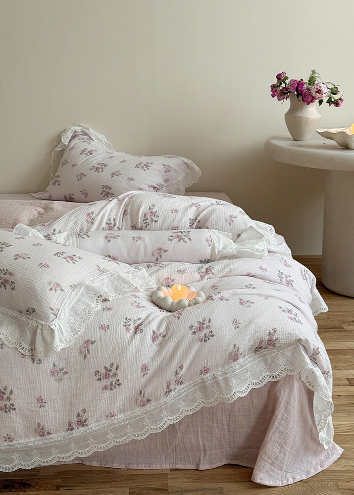 Odette French Floral Lace Ruffle Bedding Set - Pink