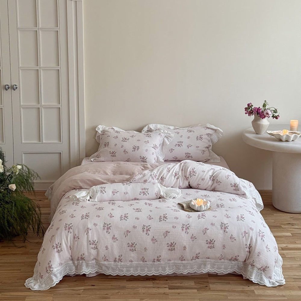 Odette French Floral Lace Ruffle Bedding Set - Pink