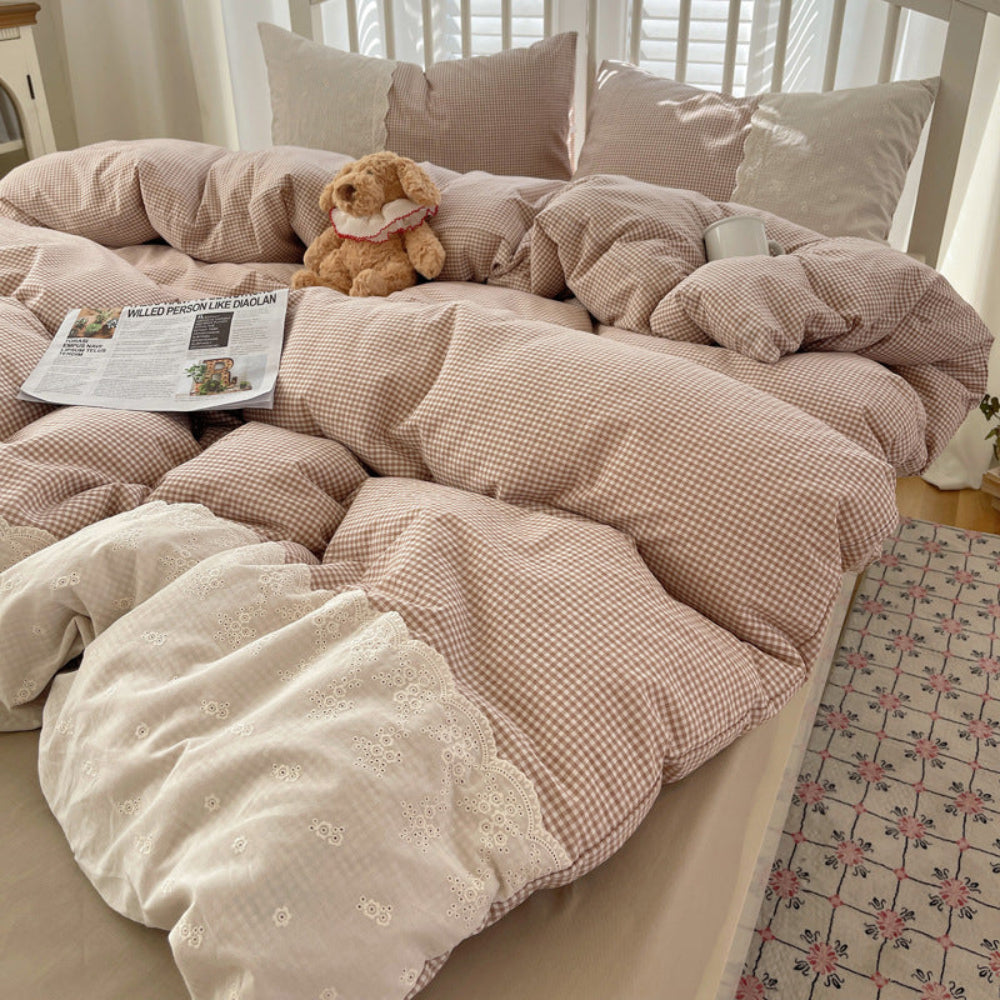 Sophia Gingham Lace Washed Cotton Bedding Set - Gray