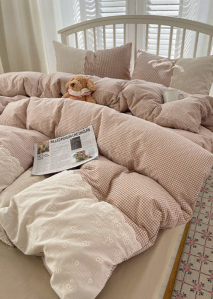 Sophia Gingham Lace Washed Cotton Bedding Set - Brown