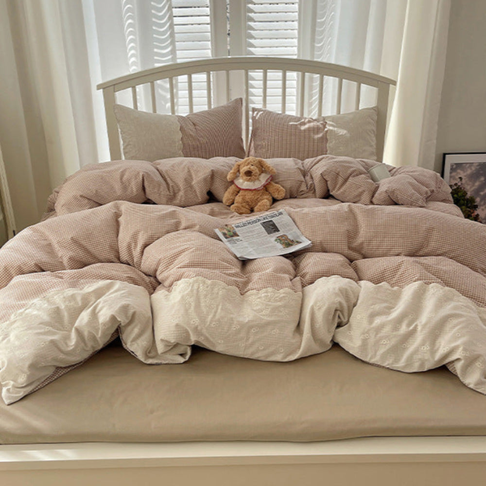 Sophia Gingham Lace Washed Cotton Bedding Set - Cream