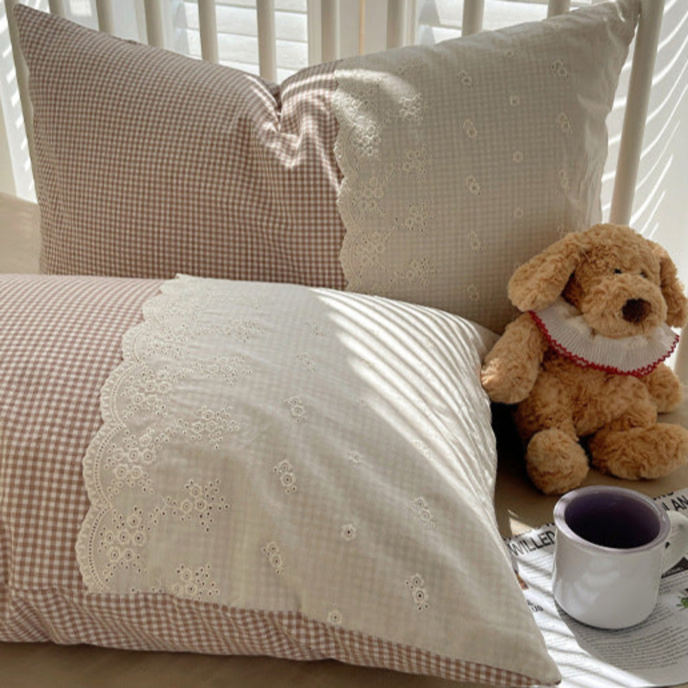 Sophia Gingham Lace Washed Cotton Bedding Set - Gray