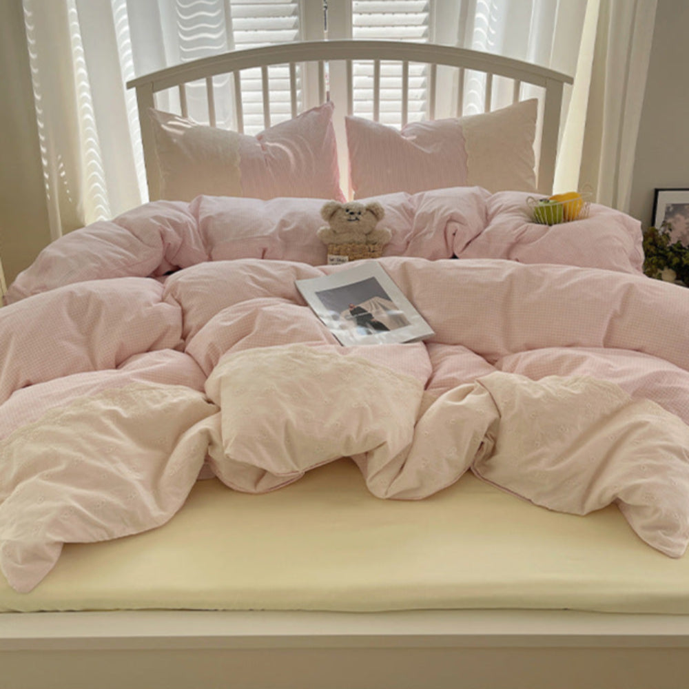 Sophia Gingham Lace Washed Cotton Bedding Set - Gray