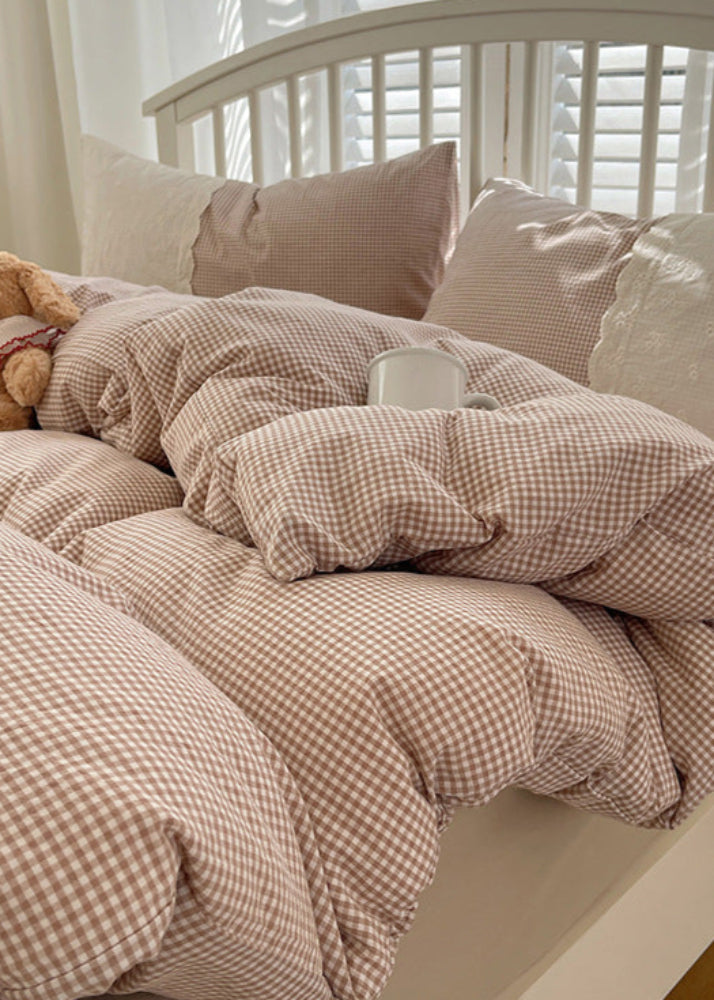 Sophia Gingham Lace Washed Cotton Bedding Set - Gray