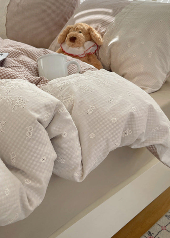 Sophia Gingham Lace Washed Cotton Bedding Set - Gray