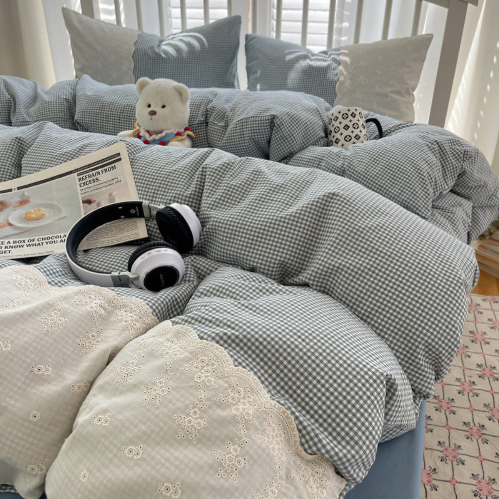 Sophia Gingham Lace Washed Cotton Bedding Set - Gray