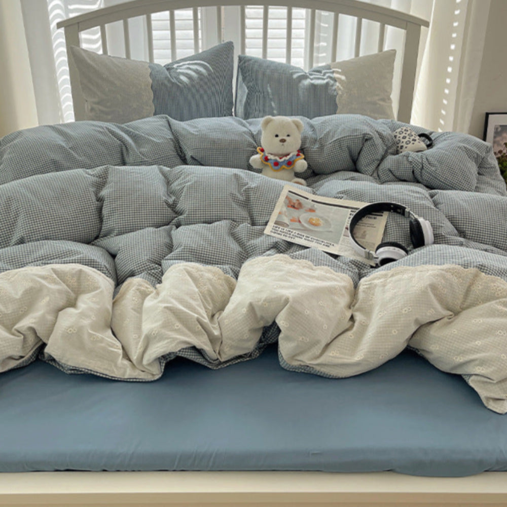 Sophia Gingham Lace Washed Cotton Bedding Set - Gray